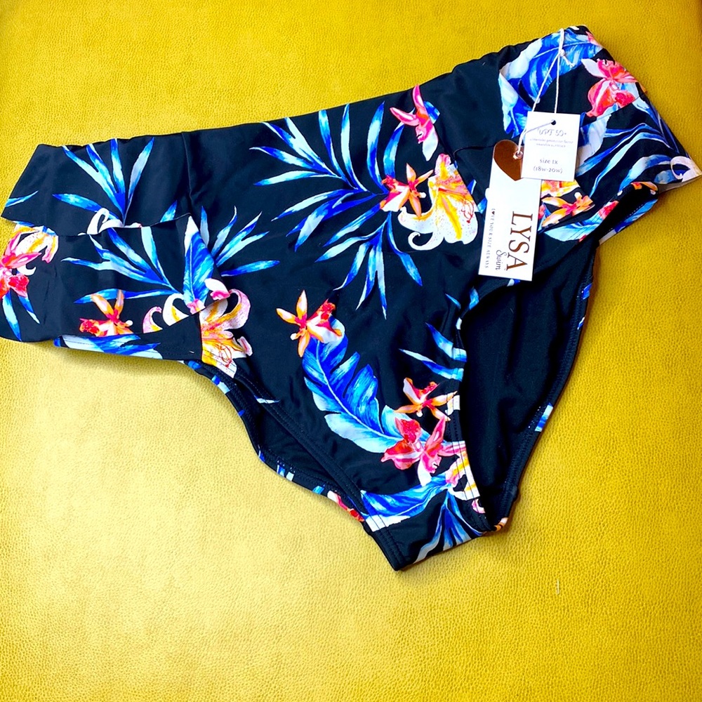 Lysa Swim Black Blue Tropical Floral Ruffle Side Bikini Bottoms